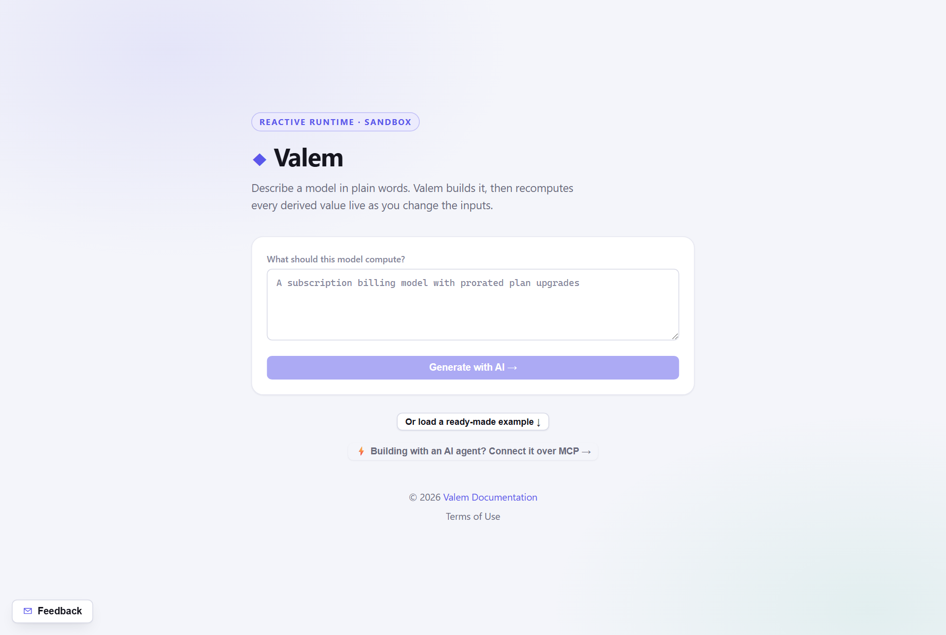The sandbox landing screen: a single textarea asking what the model should compute, a Generate with AI button, and links to load a ready-made example or connect an agent over MCP