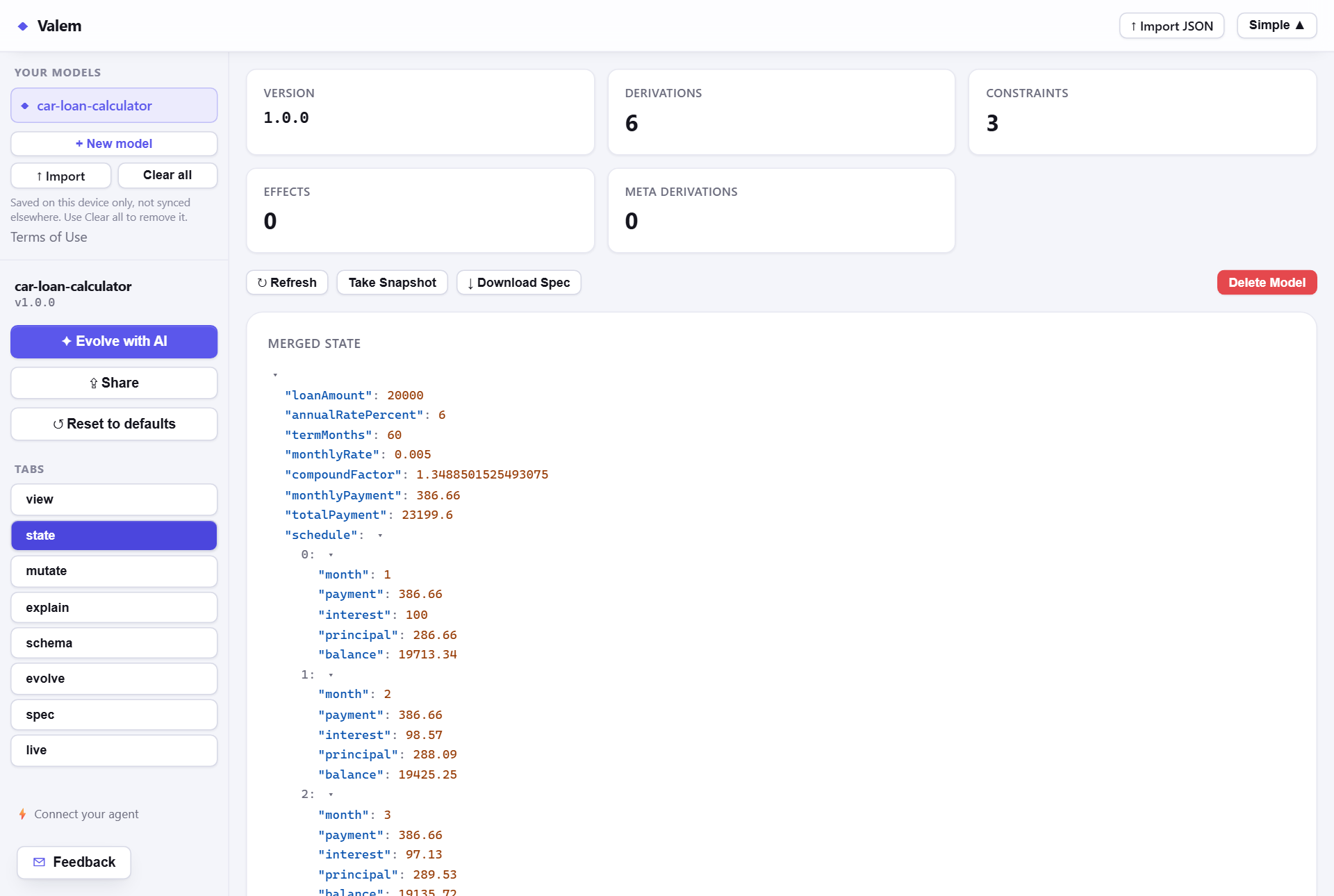 The advanced State panel: version, derivation, constraint, effect and meta-derivation counts above the merged state document, with base fields and derived values side by side