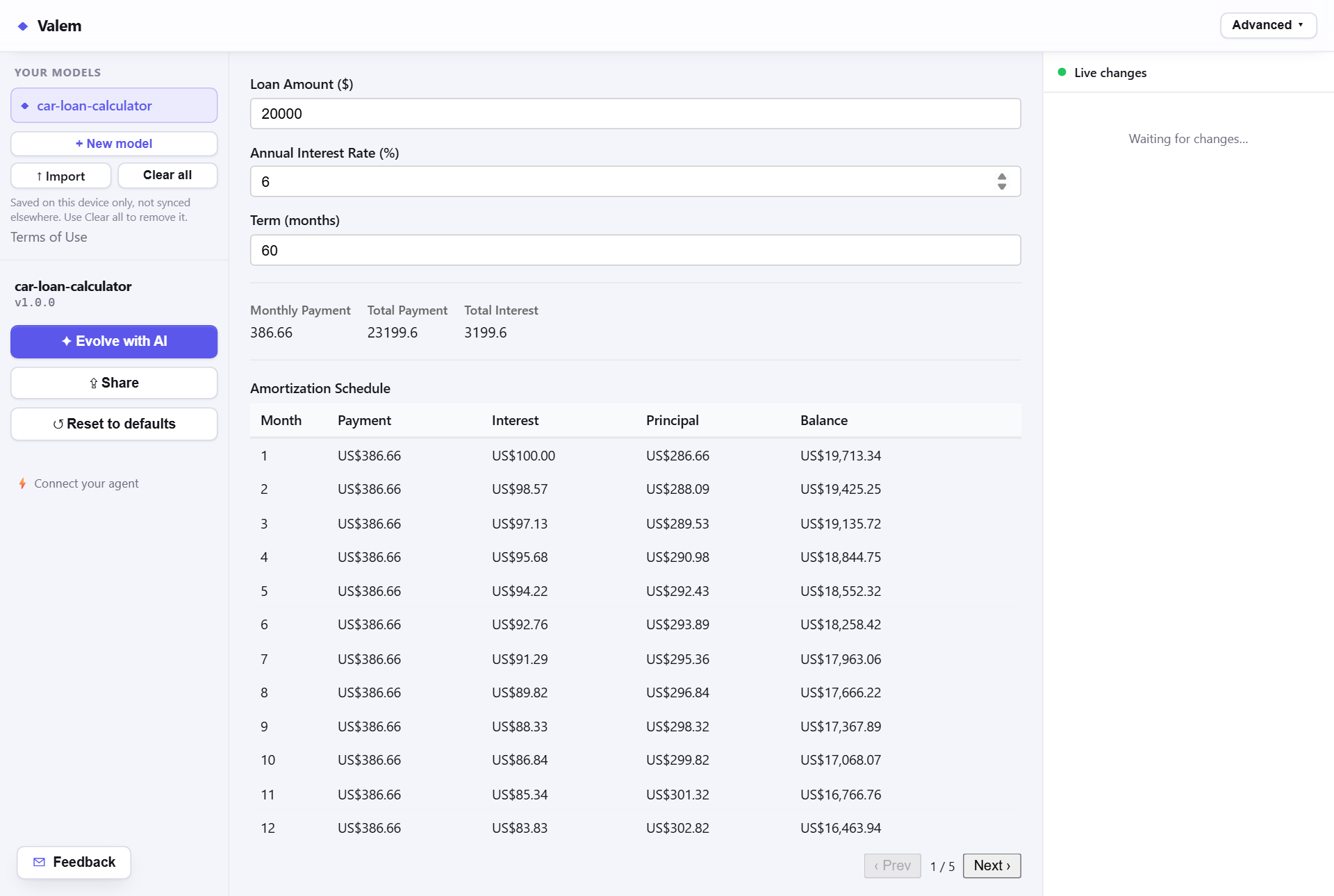 The Valem sandbox running a generated car-loan model: inputs on the left, derived payment figures and a full amortization schedule recomputed live